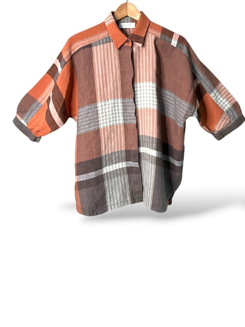 NOEN 100% Linen (Flax) Oversized Plaid Button Front Blouse US Sz 6 - Picture 3 of 10